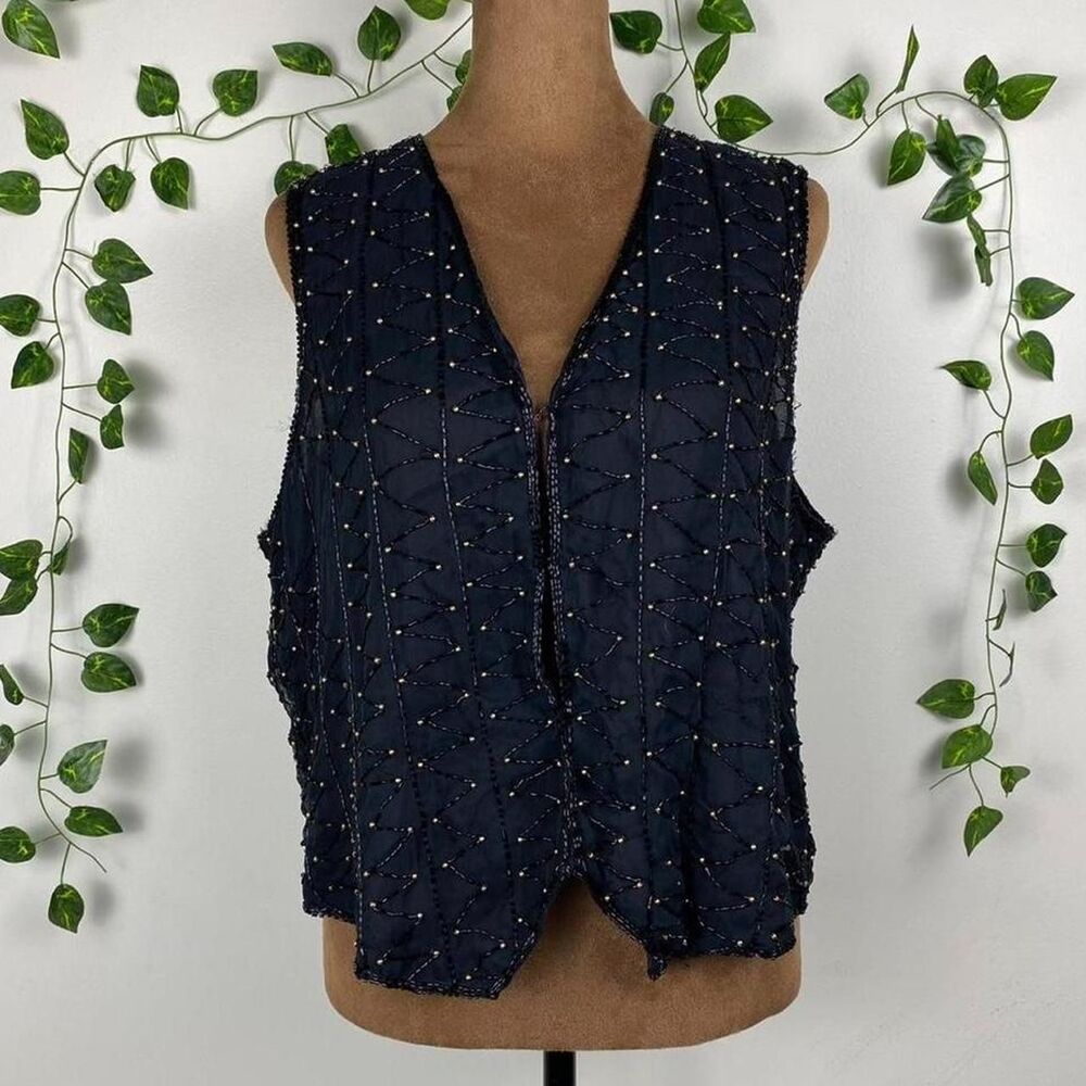 Sweet sue vintage 100% silk beaded black vest gold and black beadwork geometric